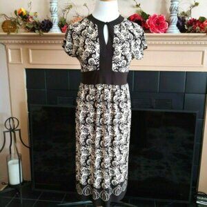 Eliza J Knit Sheath Dress 8 Contrast Floral Medallion Tie Belt Border Keyhole